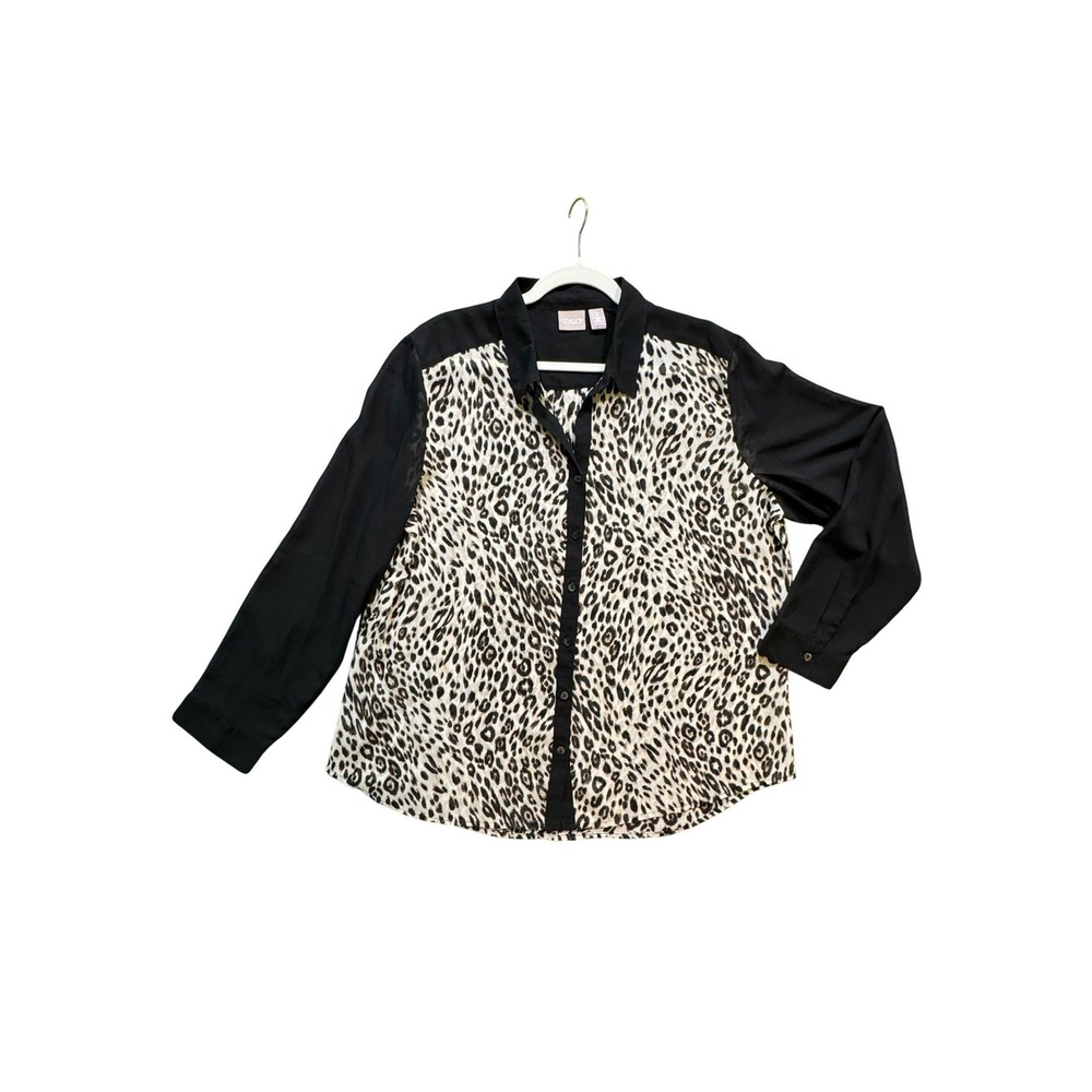 Chico's Leopard Print Button Down Sheer Blouse Black Long Sleeve Women's XL (3)